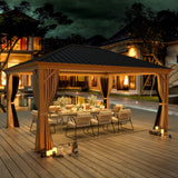 YOLENY 12' x 16' Hardtop Gazebo Metal Gazebo with Faux Wood Grain Aluminum Frame, Galvanized Steel Single Roof Outdoor Patio Gazebo Permanent Pergola with Netting and Curtain for Backyard, Patio, Lawn YOLENY