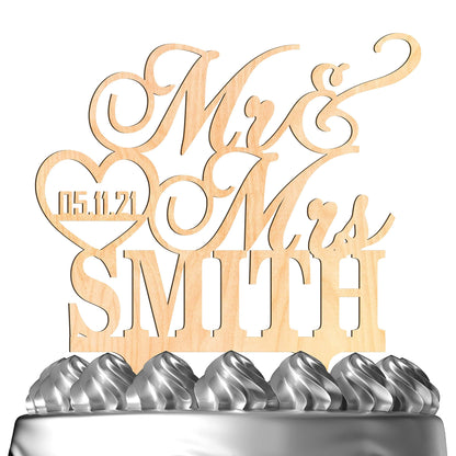 Wedding Cake Toppers, Personalized Mr & Mrs Heart, Customized Wedding Date & Last Name To Be Bride & Groom | Wood Cake Toppers, Wedding Party Cake - WoodArtSupply