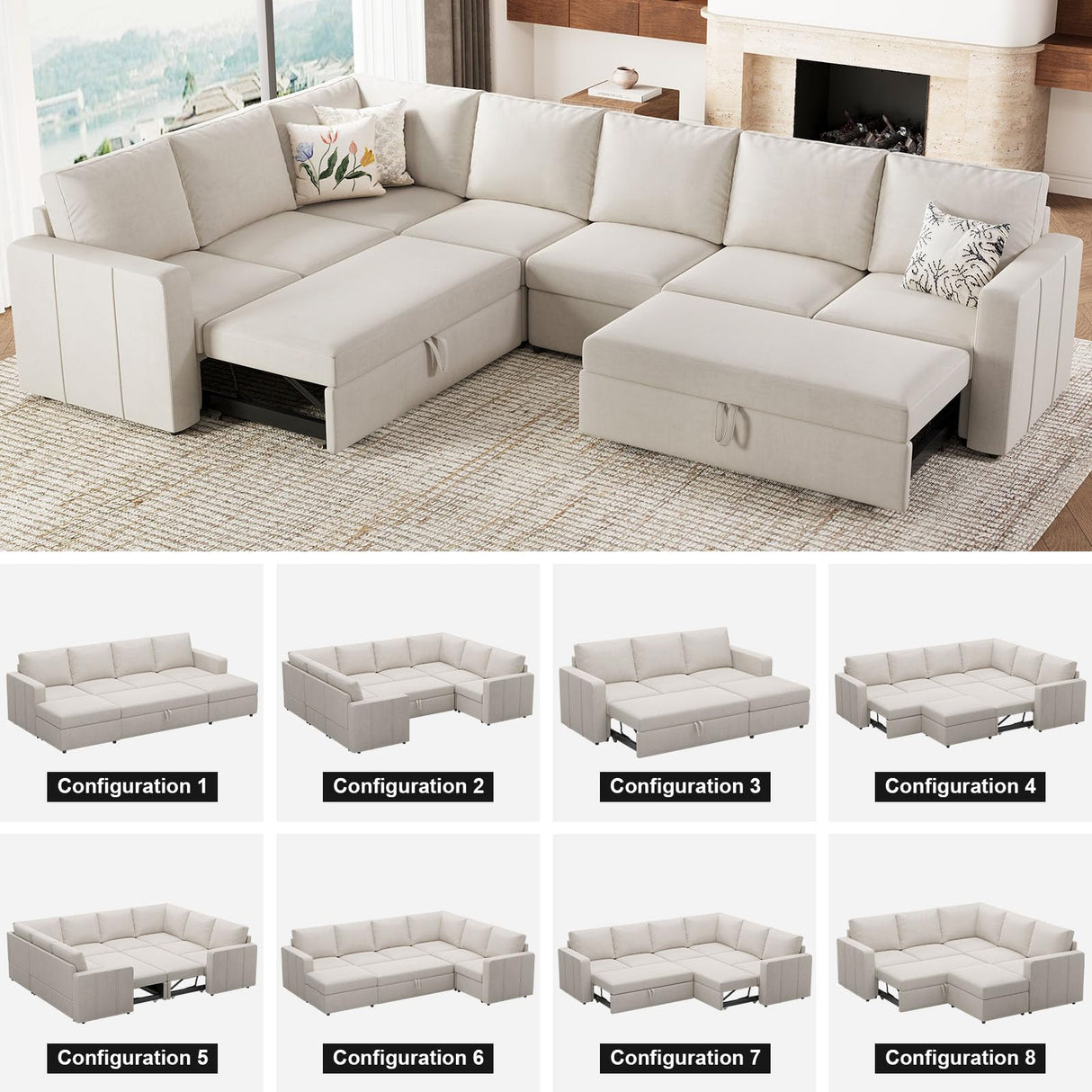 Belffin Modular Sectional Sleeper Sofa Bed with Pull Out Couch, Oversized U Shaped Sleeper Pull Out Bed with Storage Loveseat, Convertible Sectional Couches for Living Room, Beige Belffin