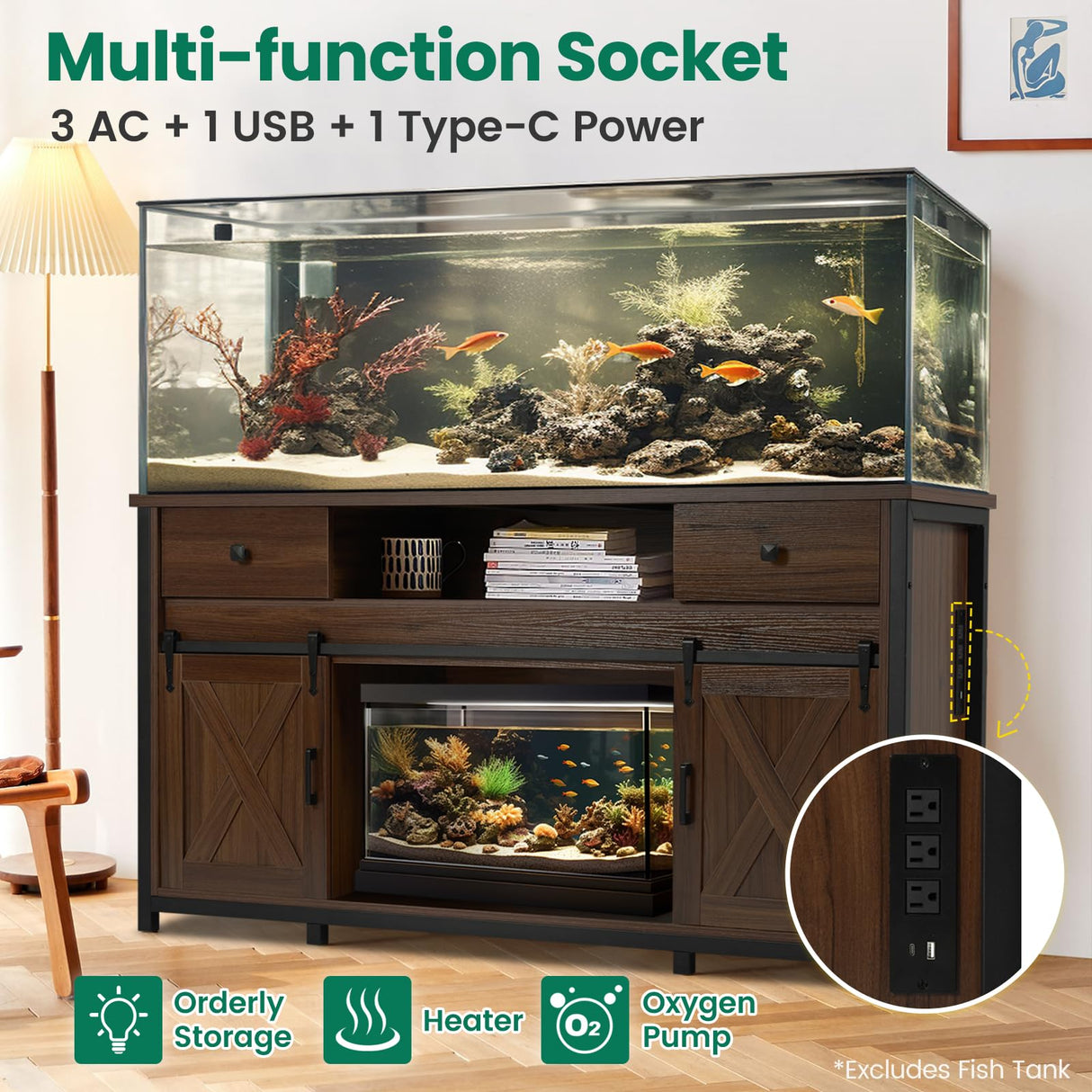 Fantico 75-120 Gallon Aquarium Stand with Power Outlets - Dual Aquarium Support, Cabinet Storage, Thick Hardwood Top, Versatile Socket with Adjustable Panels, 1200 lbs Capacity, Rustic Brown Fantico