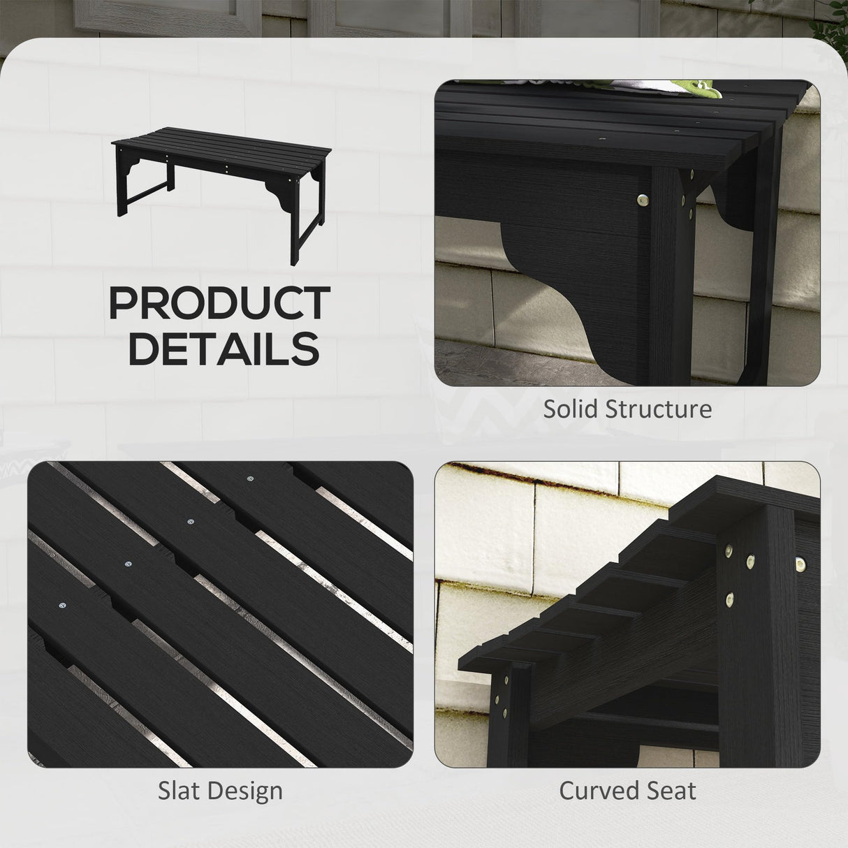 Outsunny Wooden Garden Bench, Outdoor Park Bench with Slatted Seat, Backless Front Porch Bench with Curved Seat for Conservatory, Garden, Poolside, Deck, Black Outsunny