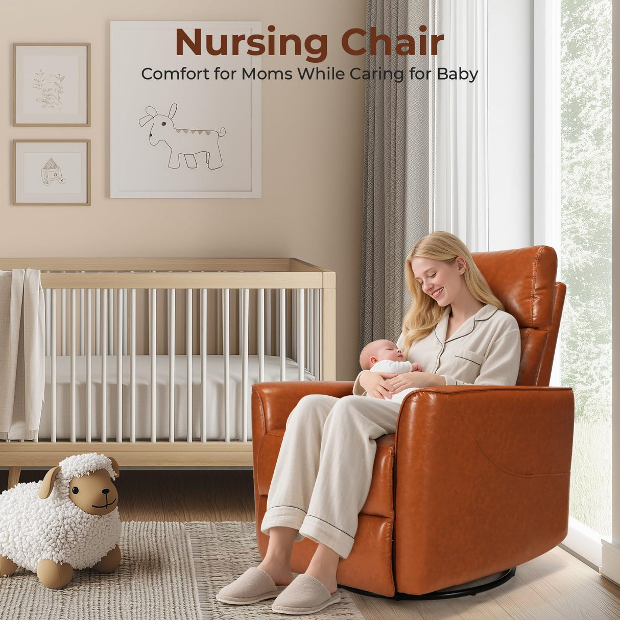 Homdox Power Recliner Chair Swivel Glider with Massage and Heat, Living Room Nursery Reclining Chair with USB, Faux Leather, for Small Spaces, Orange-Brown Homdox