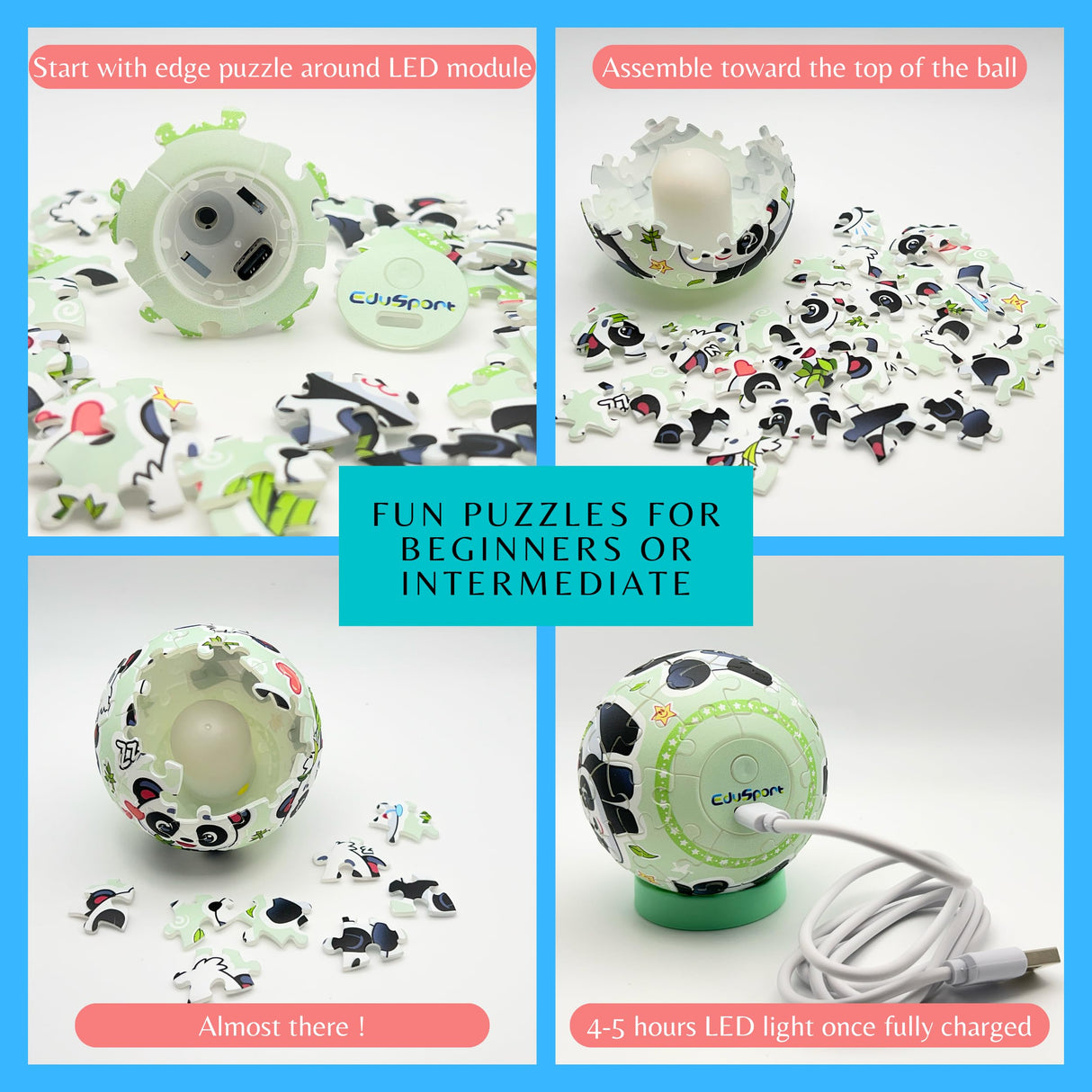 EduSport Panda 3D Puzzle Ball 61 Piece LED Night Light for Kids Ages 6-12, Panda Gifts, for Kids, 3D Puzzles for Kid, Educational Girl and Boy Toys, Birthday Gifts for Girl, Kid Toys EduSport