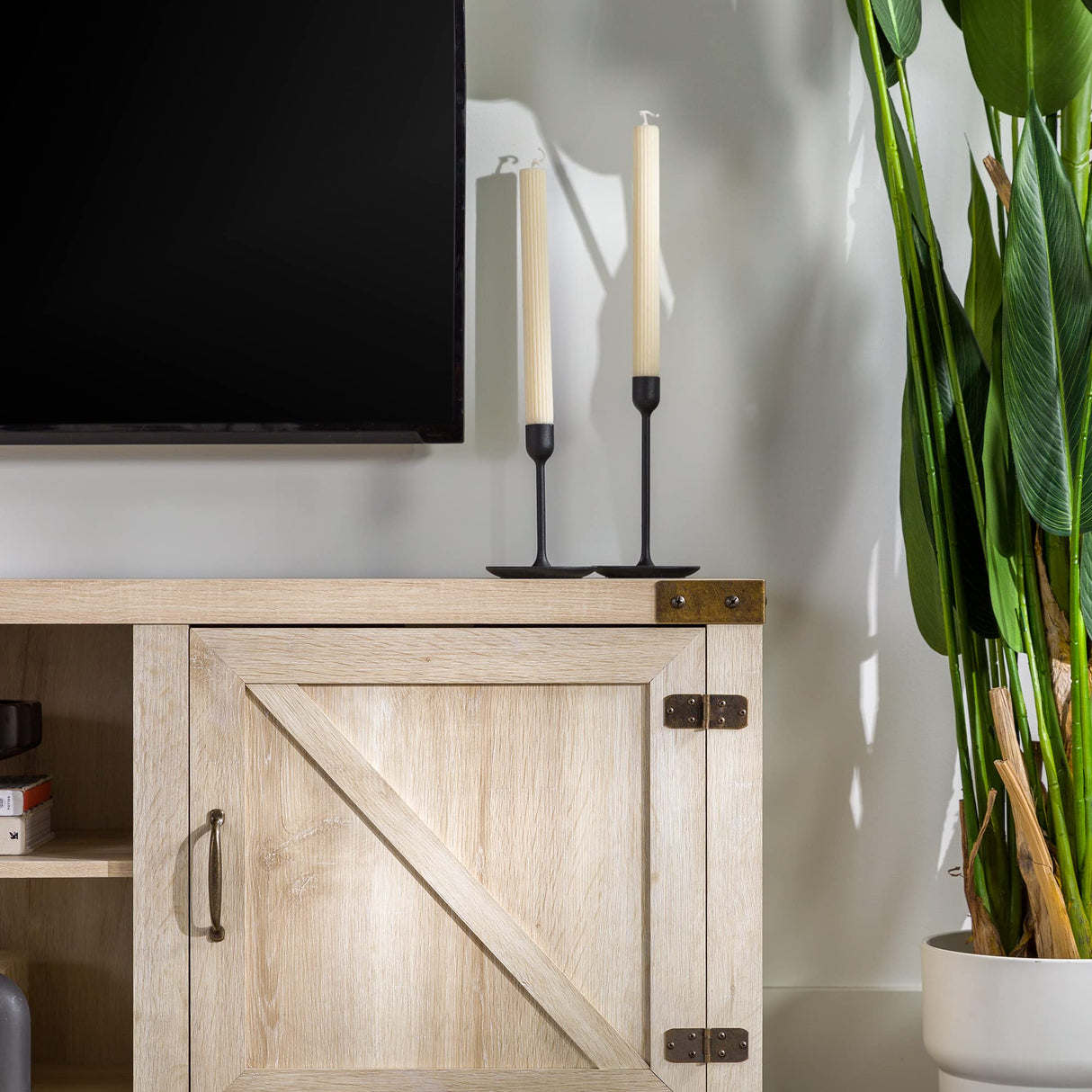 Walker Edison Georgetown Modern Farmhouse Double Barn Door TV Stand for TVs up to 80 Inches, 70 Inch, White Oak, Without Fireplace Walker Edison