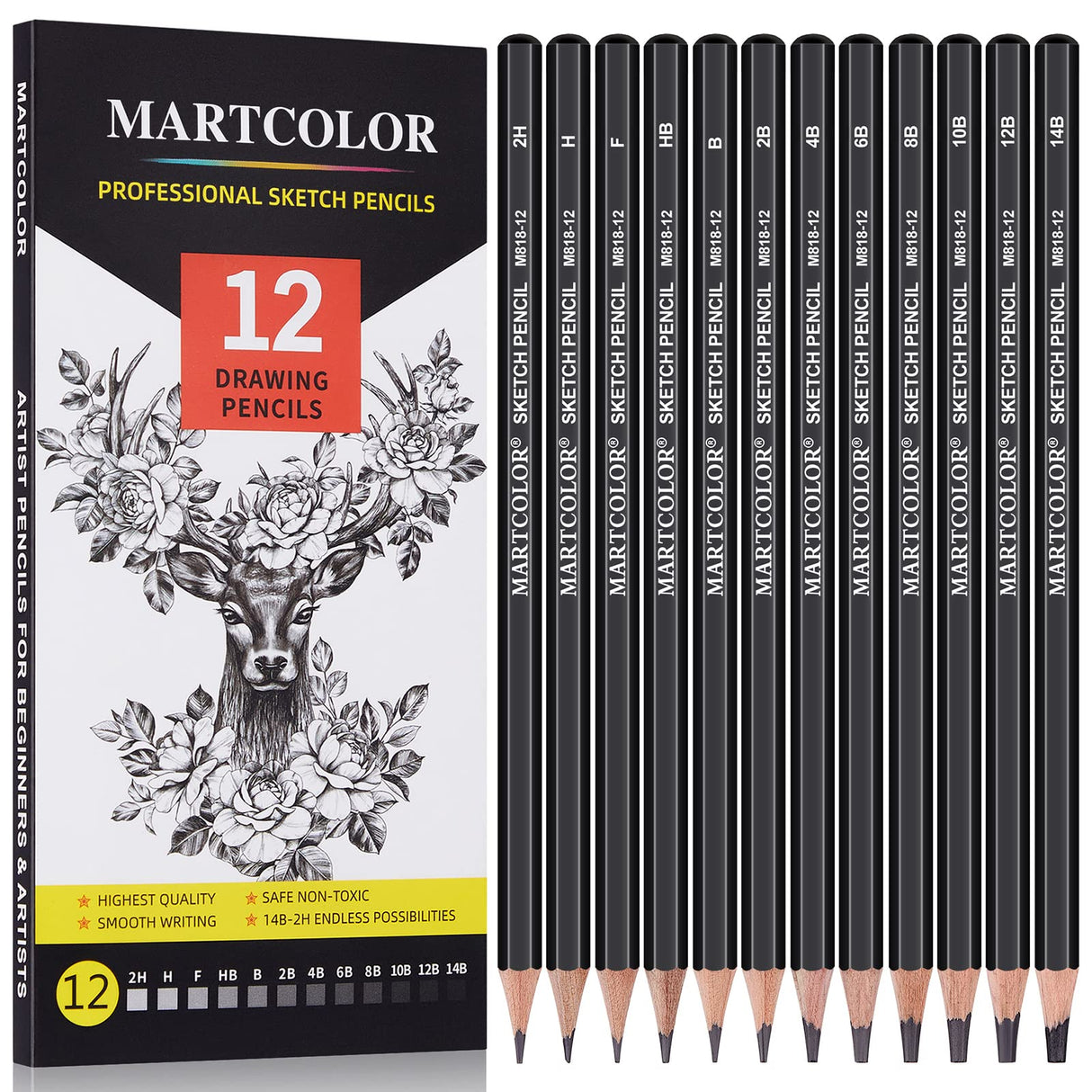 MARTCOLOR Drawing Sketching Pencils Set, 12 Pack Graphite Pencils(14B - 2H), Ideal for Drawing Art, Sketching, Shading, Artist Pencils for Beginners & Pro Artists MARTCOLOR
