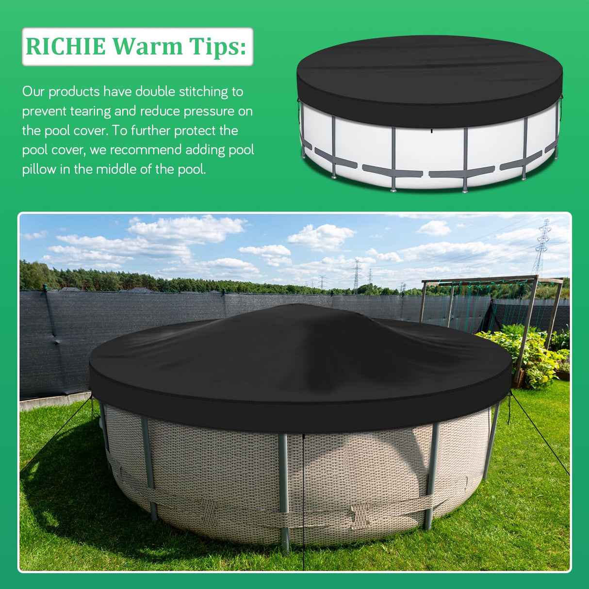 RICHIE 18FT Pool Cover, Round Solar Cover for Above Ground Pool, Heavy Duty 420D Oxford Waterproof Cover, Perfect to Keep Swimming Pool Clean RICHIE