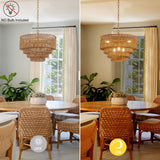 YOMECOO 19.7" Hand-Woven Rattan 6-Light Farmhouse Boho Bamboo Chandelier Light Fixture Retro Drum Wicker Golden Chandelier for Dining Room, Kitchen, E12 YOMECOO