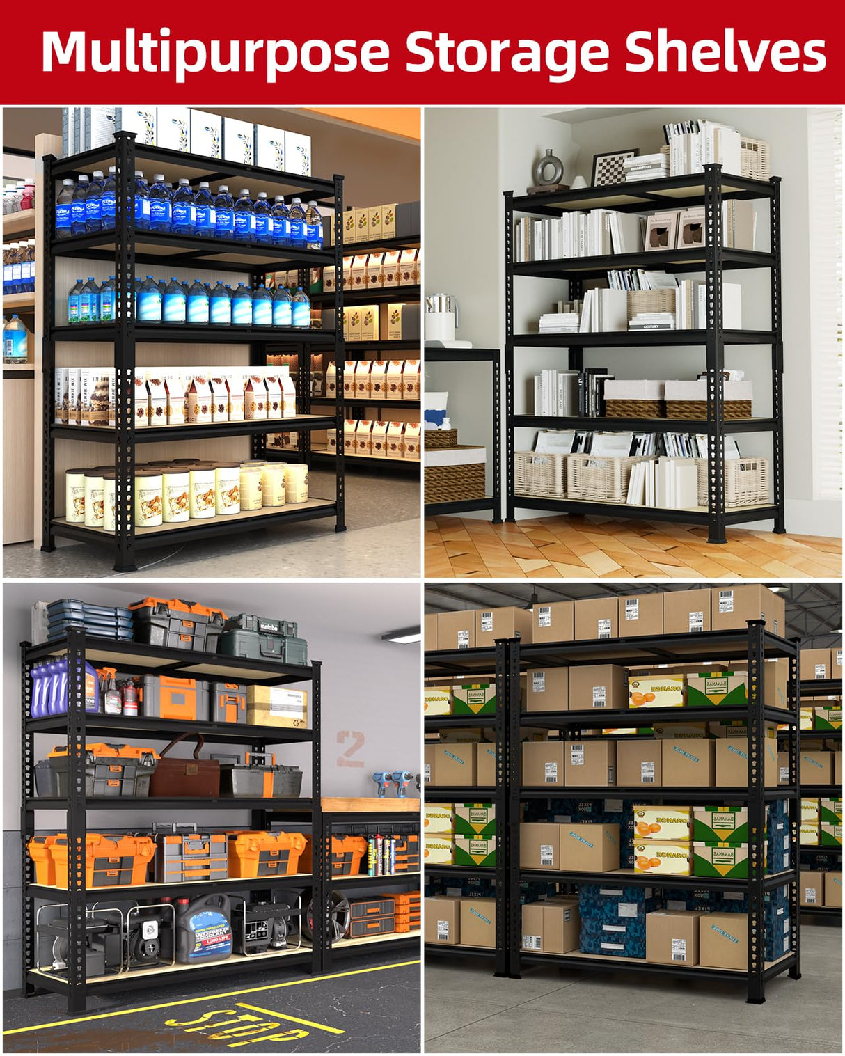 PrimeZone 36" x 16" x 72" Heavy Duty Storage Shelves - 5 Tier Adjustable Garage Storage Shelving, Metal Storage Utility Rack Shelf Unit for Warehouse Pantry Closet Kitchen, Black PrimeZone