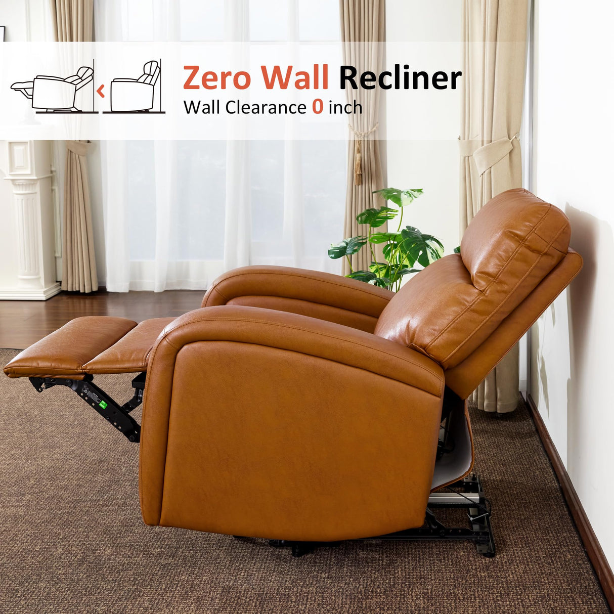 MCombo Zero Wall Recliner Chair, Power Wall Hugger Recliner with USB & Type-C Dual Charge Ports, for Small Space, Living Room, RV PR644 (Cognac Brown) MCombo