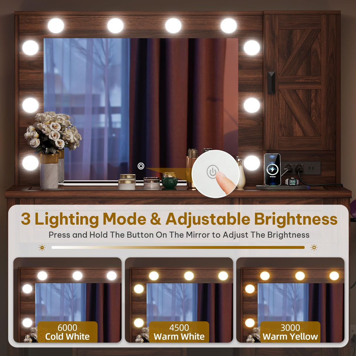 YITAHOME Farmhouse Vanity Makeup Desk with Charging Station, Large Vanity Desk with Lights Mirror and Drawers for Makeup, Modern Vanity Table Set with Vanity Stool for Bedroom, Rustic Brown YITAHOME