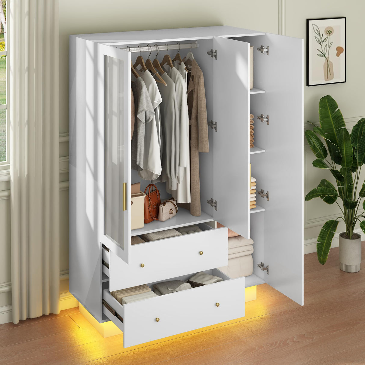 Hlivelood 3 Door Armoire Wardrobe Closet Cabinet with Mirror and LED Light, 2 Drawers, 3 Doors, Hanging Rod, Large Capacity Storage Wardrobe Armoire for Bedroom, White Hlivelood
