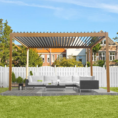 Domi Louvered Pergola 10x13FT, Outdoor Wood Grain Pergola Aluminum Frame with Adjustable Rainproof Metal Roof, Permanent Sun Shade with Drainage System for Deck Garden Yard domi outdoor living