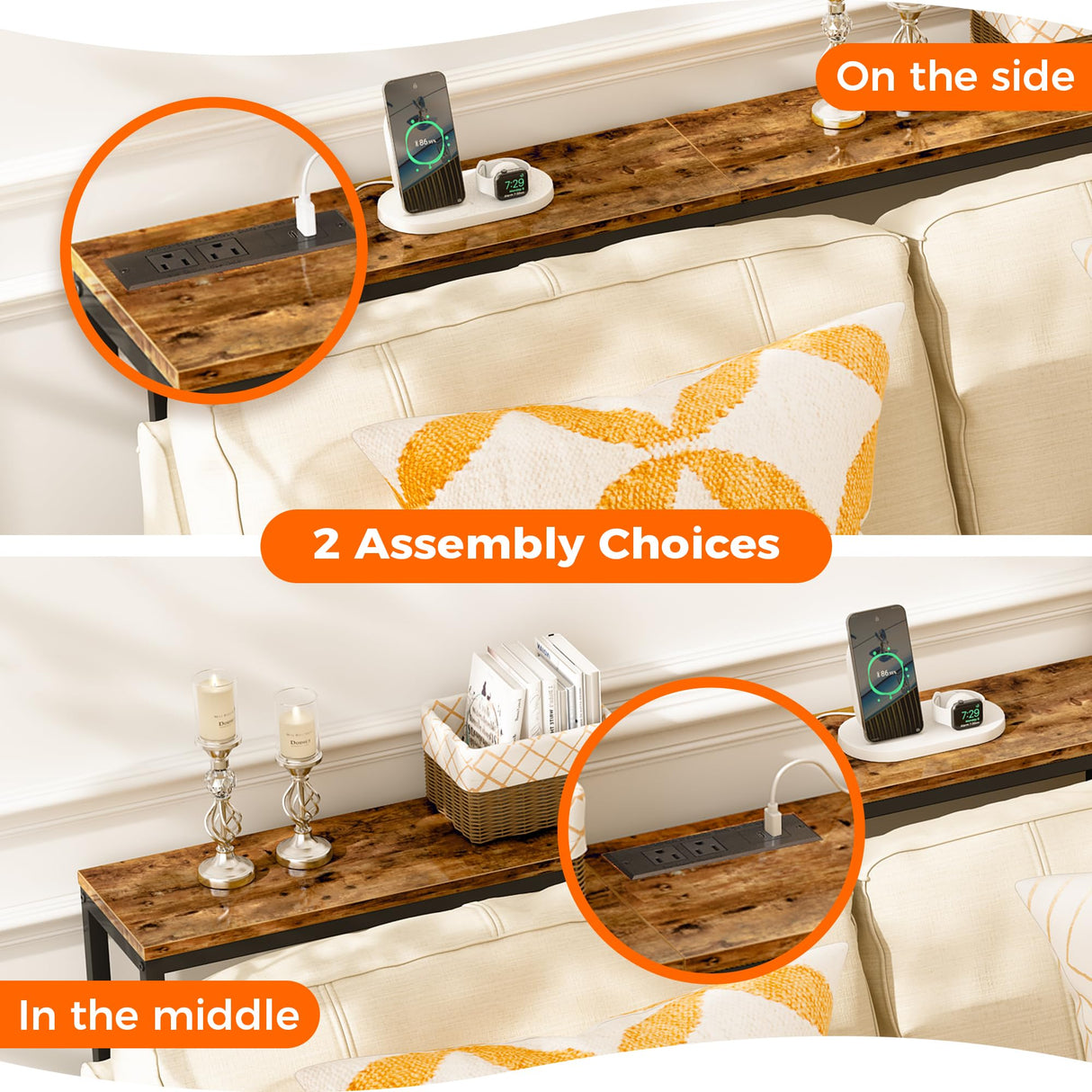 SUPERJARE 70 Inch Console Table with Outlet, Sofa Table with Charging Station, Narrow Entryway Table, Skinny Hallway Table, Behind Couch Table, for Living Room, Rustic Brown SUPERJARE