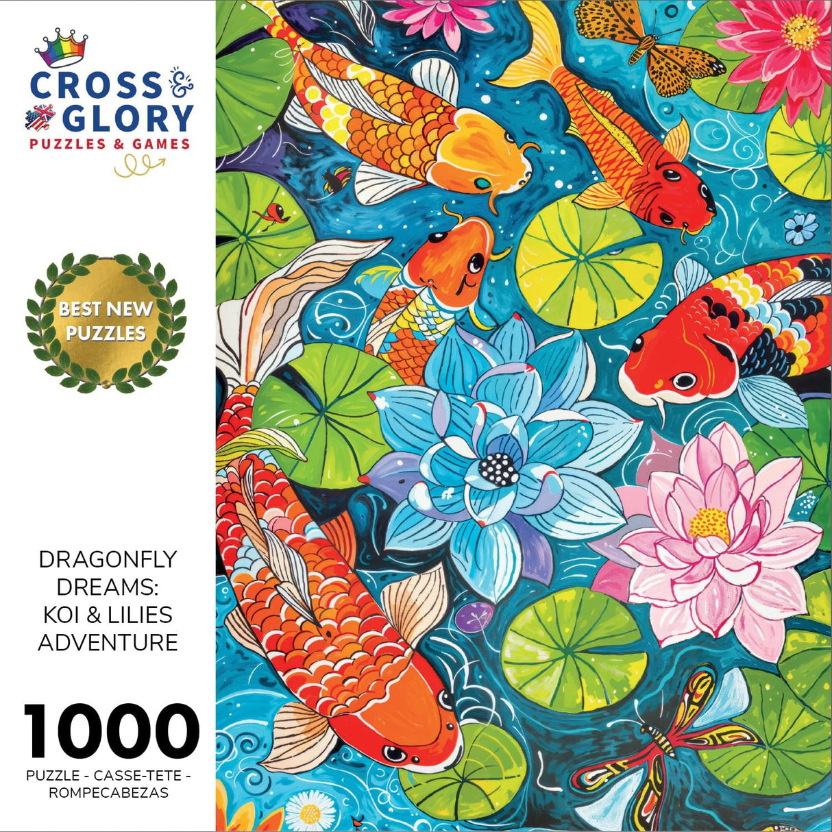 Cross & Glory - Dragonfly Dreams: Koi & Lilies Adventure - 1000 Piece Jigsaw Puzzle for Adults | Unique Nature-Themed | Vibrant Art Cross & Glory