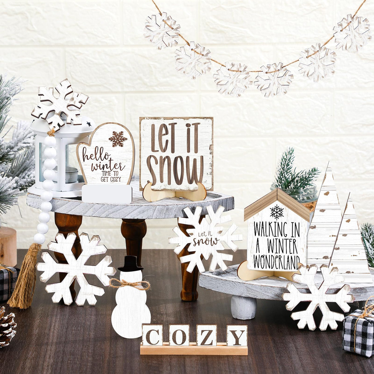 GlikCeil 19 Pcs Neutral Winter Tiered Tray Decor Sets Cozy Snowflakes Wooden Signs Tiered Tray Decor Rustic Farmhouse Decoration for Winter Xmas Home Tabletop(Rustic) GlikCeil