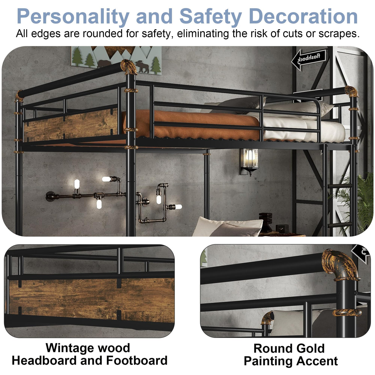 MoproBeti Queen Over Queen Industrial Bunk Beds for Teens or Adults, Heavy-Duty 2 in 1 Metal Convertible Bunk Bed with Ladder and Slats Support,15.9" High Guard Rail,Space-Saving,Noise Reduced,Black MoproBeti