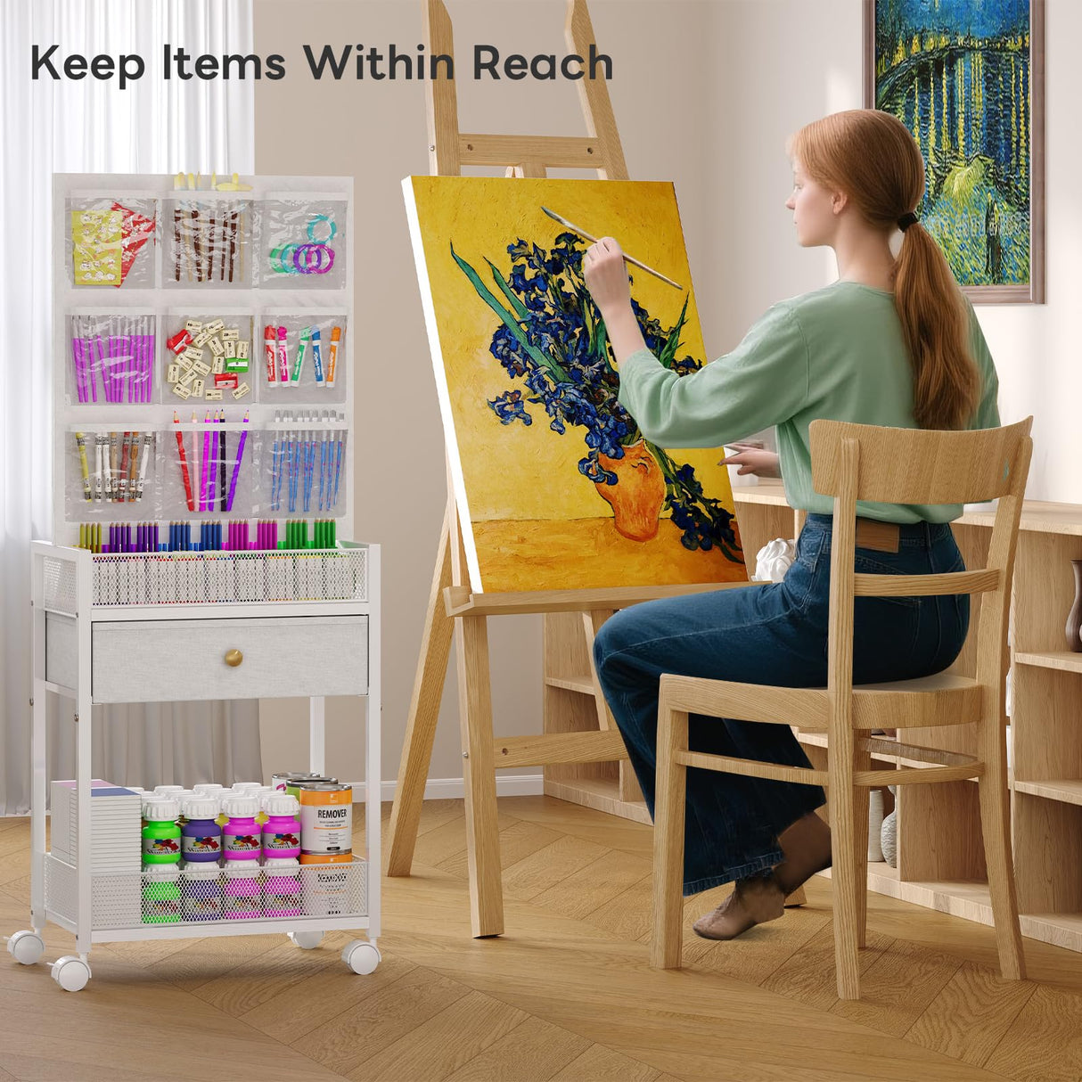 5-Tier Craft Rolling Cart, Craft Organizers and Storage with 18-Pocket, Utility Cart with Drawer & Lockable Wheels, Art & Craft Supply Organizer for Kids' & Adults'Studio, Bedroom (White) Hencawima