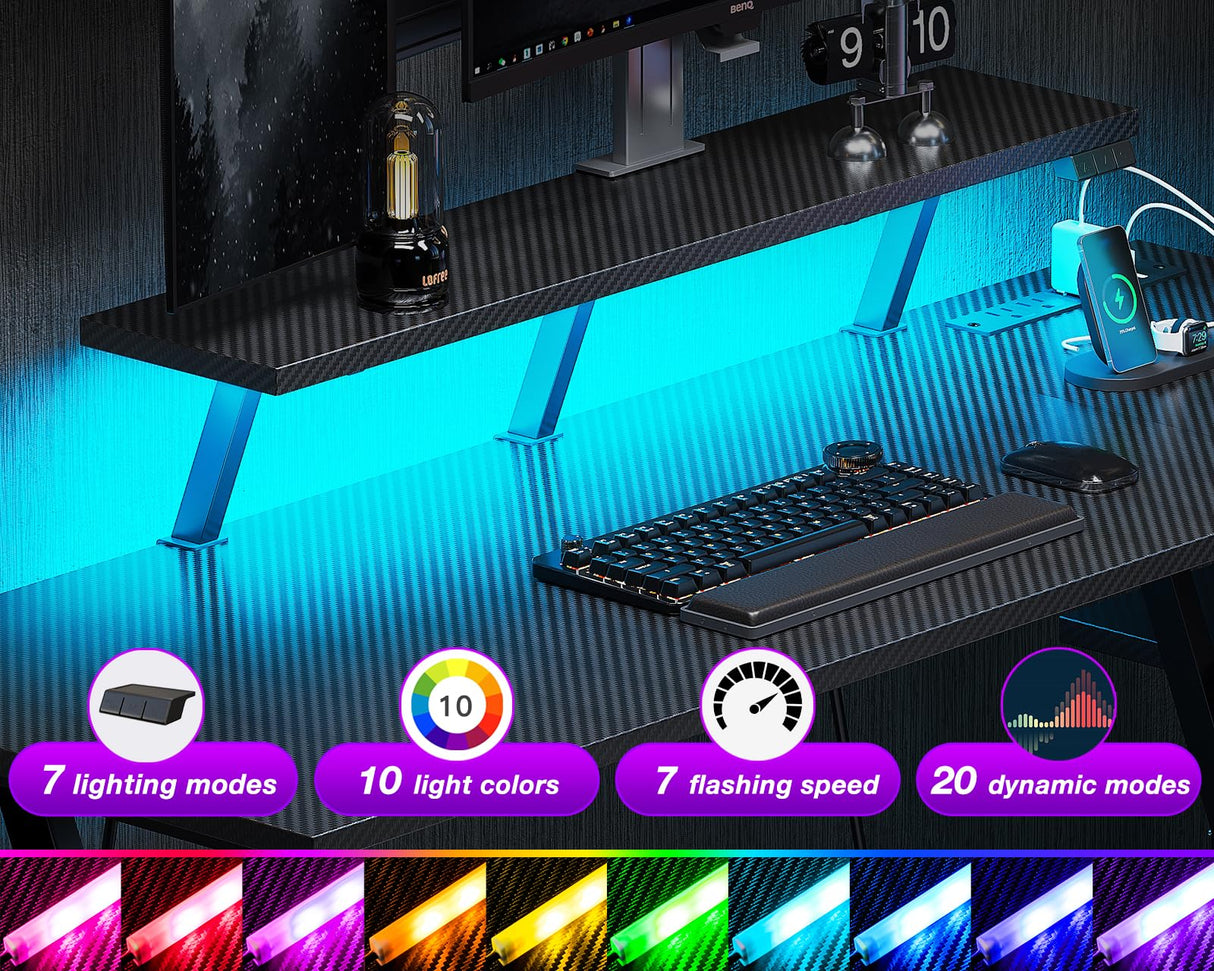 MOTPK Gaming Desk with LED Lights & Power Outlets, 55 Inch L Shaped Gaming Computer Desk with Storage Shelf, Gamer Desk with Monitor Stand, PC Gaming Table with Carbon Fiber Texture, Black MOTPK