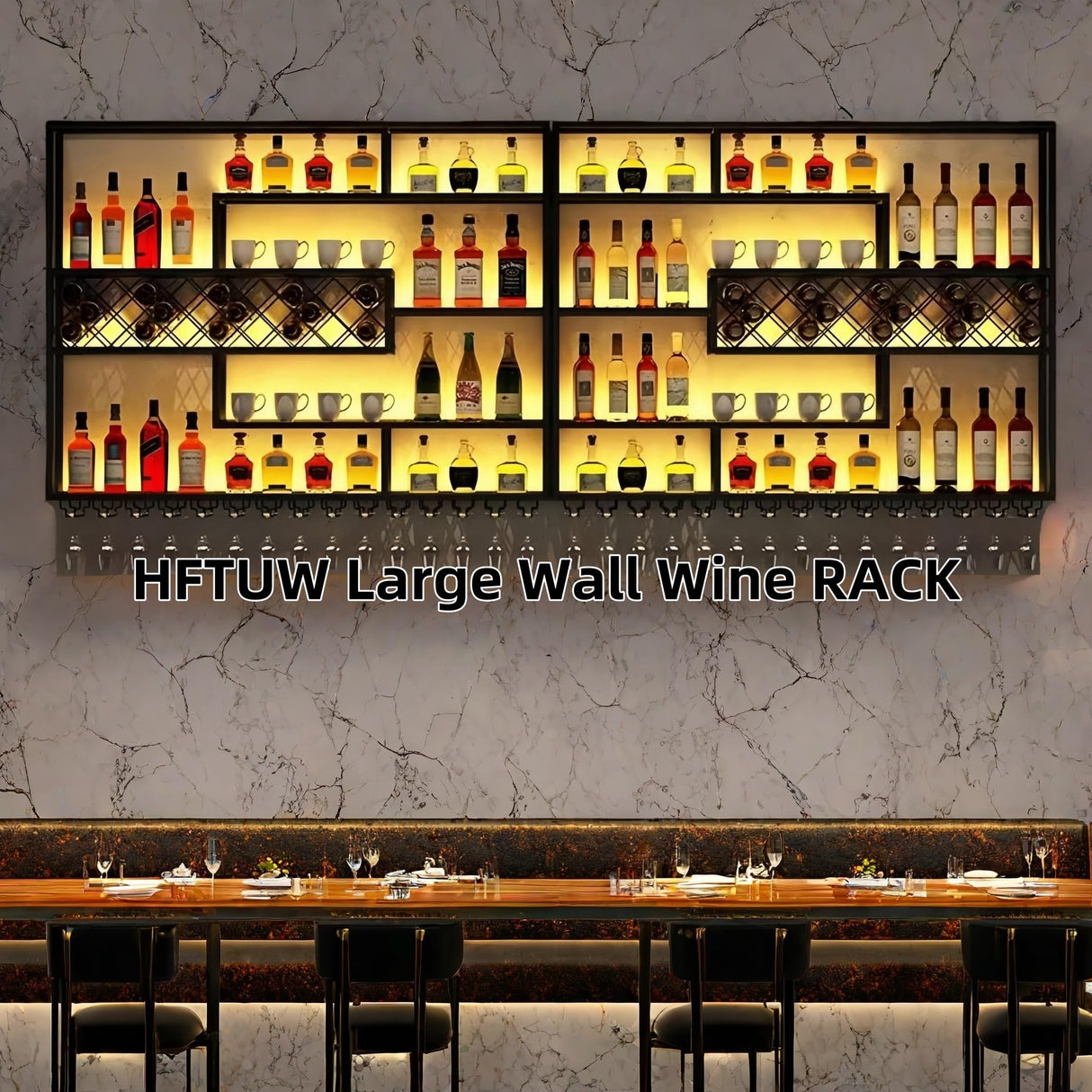 HFTUW 118 Inch Iron Wall Mounted Wine Rack & Bar Shelf for Liquor Bottles, Industrial Wall Bar Shelf with LED Lights, Large Capacity Metal Hanging Goblet Rack for Kitchen, Dining Room, Black HFTUW