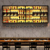 HFTUW 118 Inch Iron Wall Mounted Wine Rack & Bar Shelf for Liquor Bottles, Industrial Wall Bar Shelf with LED Lights, Large Capacity Metal Hanging Goblet Rack for Kitchen, Dining Room, Black HFTUW