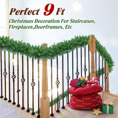 Jin&Bao 9FT Christmas Garland with Lights 100 LED Prelit Real-Like Tips and Snow Branches Garland Christmas Decorations with Timer 8 Modes for Mantle Stairs Door Outdoor Decor