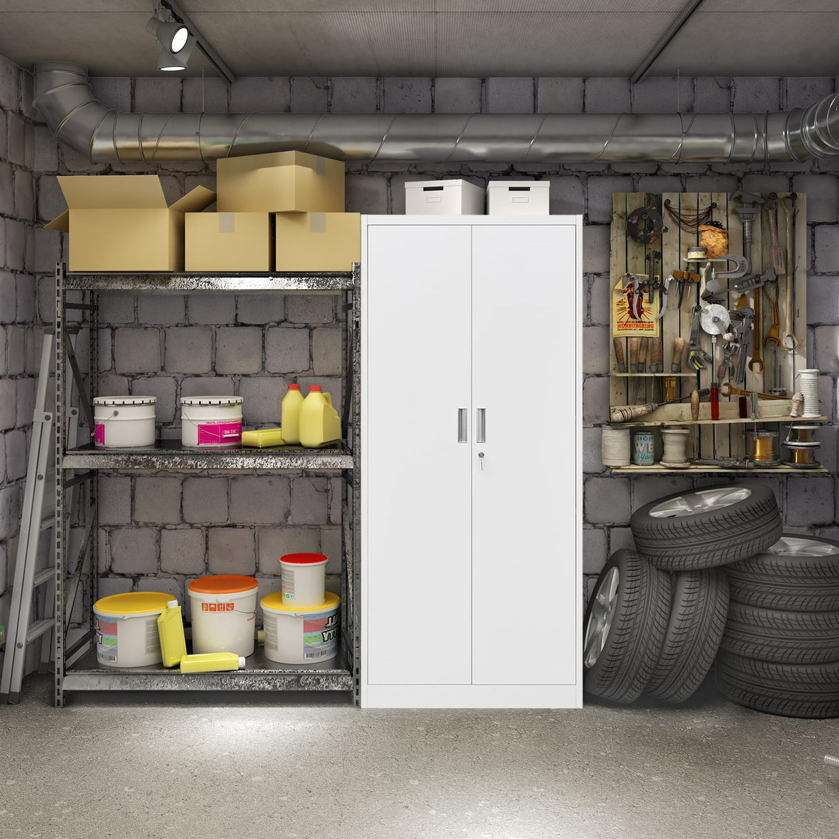 TaskStorz Steel SnapIt Cabinet, 72 Inch Metal Storage Cabinet with Locking Doors and Adjustable Shelves, Metal Garage Cabinet, Tool Cabinets for Office, Garage and Home Use, 72"H x 32"W x 18"D (White) TaskStorz