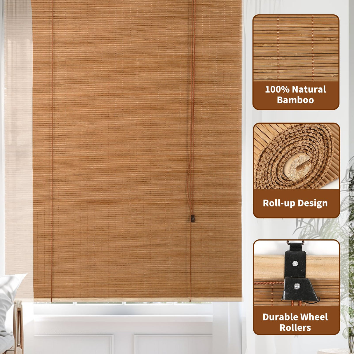 Outdoor Bamboo Roller Blinds Shades, Vertical Lifting and Breathable Waterproof Design, Sun Shade, Blackout and Ventilation, Easy Installation,35" W×72" H CSBWDLT