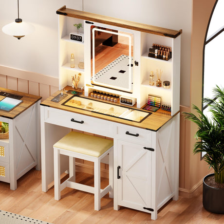 TAGELIER Farmhouse Vanity Desk with Charging Station,Glass Top Vanity Table with Drawers&Shelves,Rustic Big Makeup Vanity Set with Mirror&Lights for Bedroom/Cloakroom,Stool Included,White TAGELIER