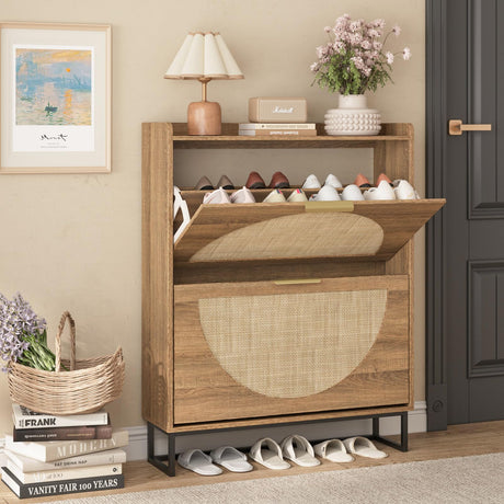 Maupvit Rattan Shoe Storage Cabinet with 2 Flip Drawers, Freestanding Shoe Organizer with Metal Legs for Entryway, Hidden Golden Handles, Narrow Shoe Rack Cabinet, Rustic Oak Rattan Maupvit