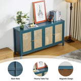 QHITTY Sideboard Buffet Cabinet, Rattan Accent Cabinet Storage Cabinet Console Table with 4 Doors and Adjustable Shelves for Kitchen, Dining Room, Living Room, Hallway (Blue) QHITTY
