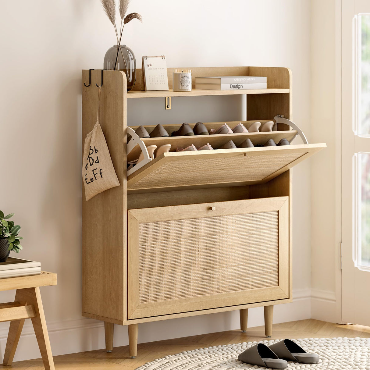 EYYTHUNG Shoe Cabinet with 2 Flip Drawers, Rattan Farmhouse Shoe Organizer, Boho Wooden Hidden Slim Narrow Shoe Rack Cabinet for Entryway, Hallway, Natural Oak EYYTHUNG