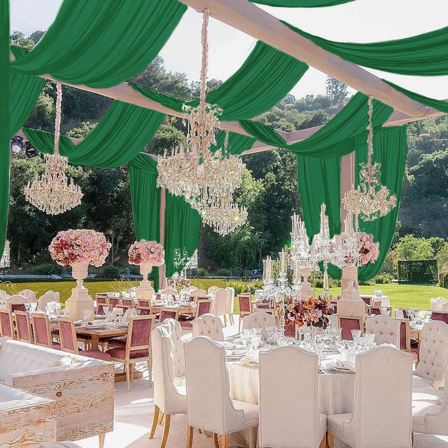 MODFUNS Ceiling Drapes for Parties Green Chiffon Ceiling Curtains 5x30FT 4 Panels Sheer Draping Fabric Tulle Curtain Drapery Elegant Arbor Ceiling Fabric for Bridal Baby Shower Party Tent Drapes