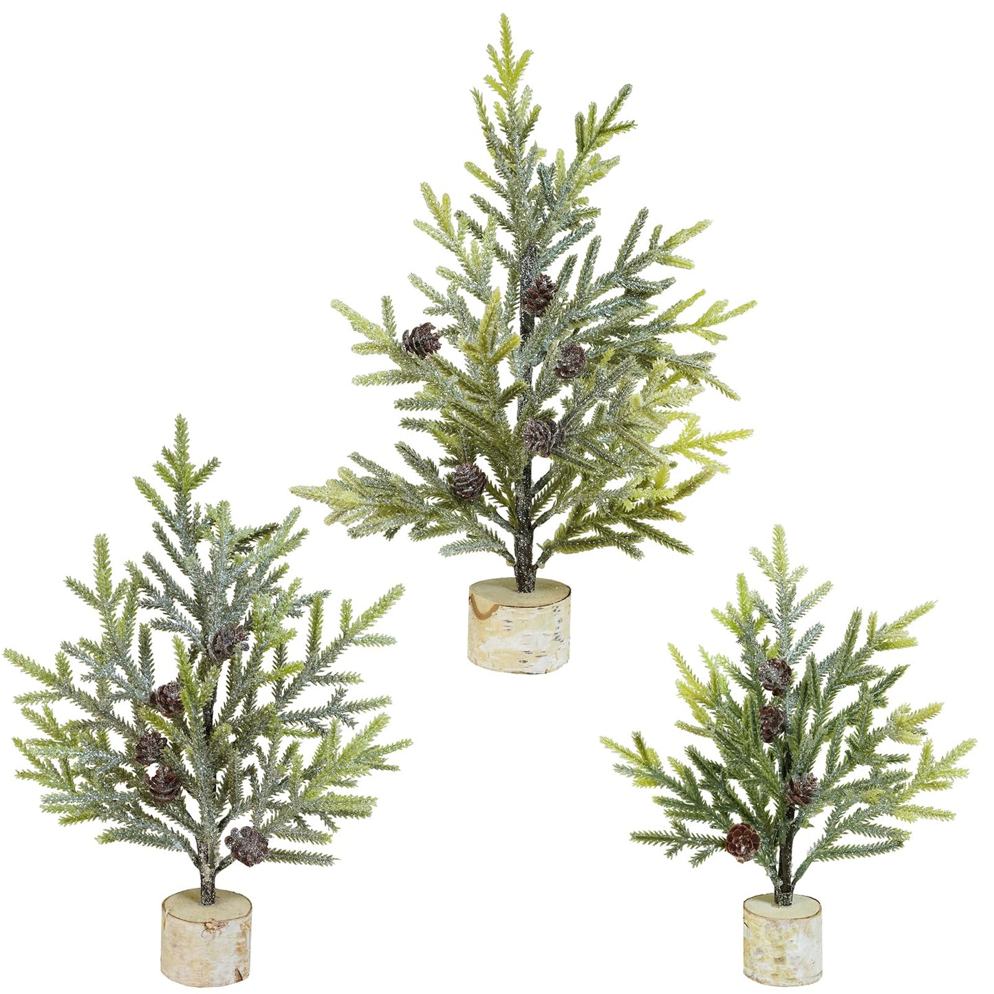 Winlyn Set of 3 Mini Frosted Artificial Pine Trees with Pinecones and Wood Bases Small Tabletop Christmas Trees for Rustic Farmhouse Christmas Winter Holiday Decorations Table Centerpiece Décor