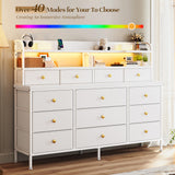 EnHomee 51.2" W White Dresser with 13 Drawers and LED Lights, White Dresser for Bedroom with Fabric Drawer, Long Dressers & Chests of Drawers, Dresser for Bedroom with Shelves for Closet EnHomee