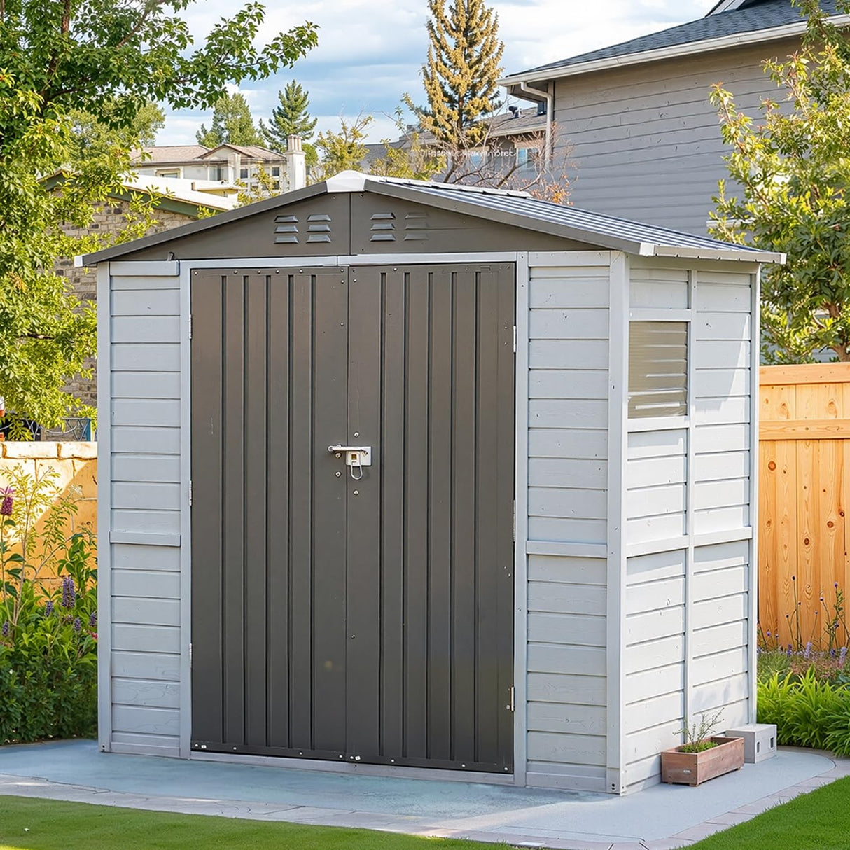 6x4 FT Outdoor Weatherproof Storage Shed, Secure Wood Bike Shed w/Lockable Entry, Garden Storage Solution for Lawn Equipment, Tools, Waste Bin(Gray) AEMSOFK