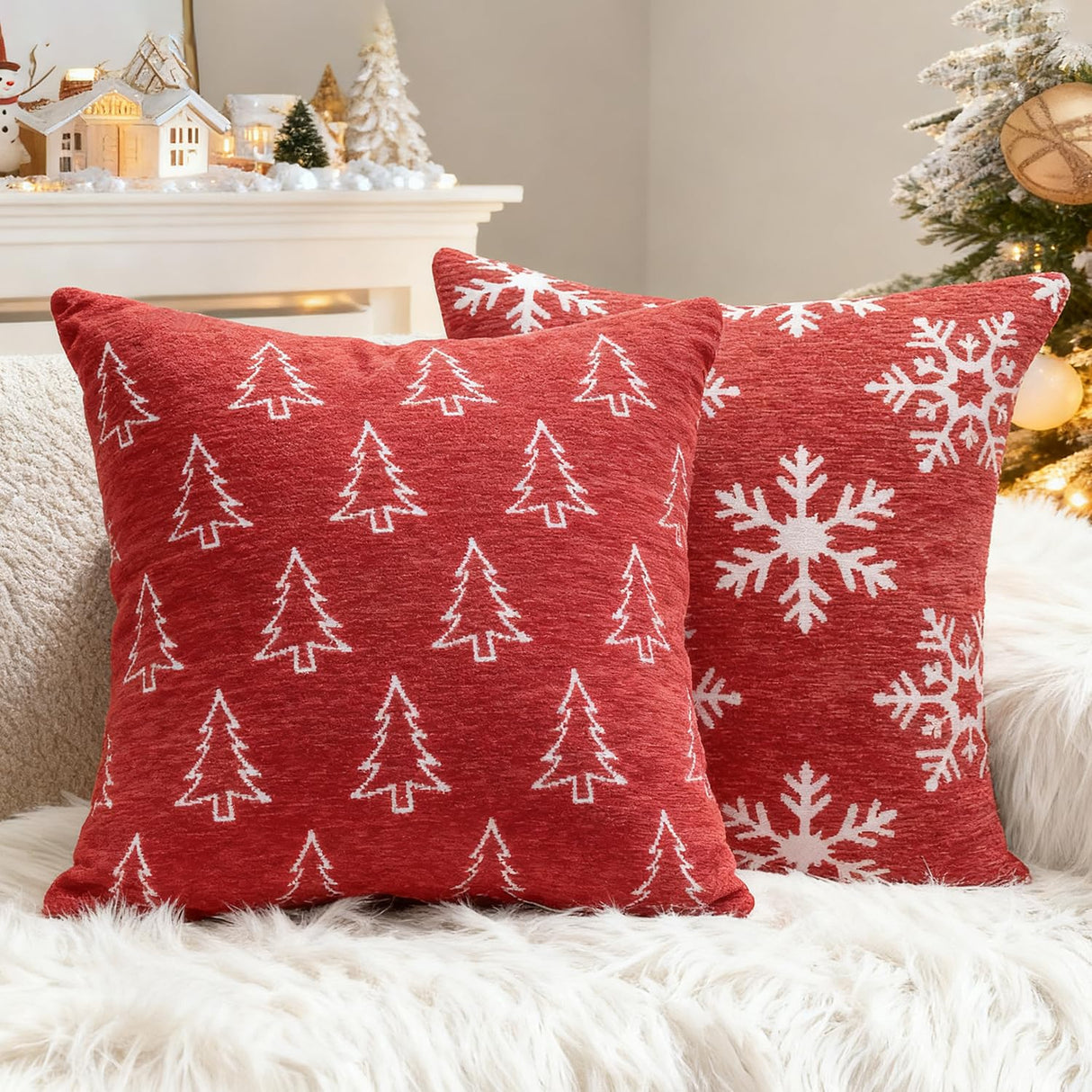 2 Pack Christmas Pillow Covers 18x18, Chenille Double-Sided Snowflake & Christmas Tree Decorative Throw Pillow Cases, Soft Farmhouse Holiday Cushion Covers for Sofa Couch Bed(Red,18x18) Auomily