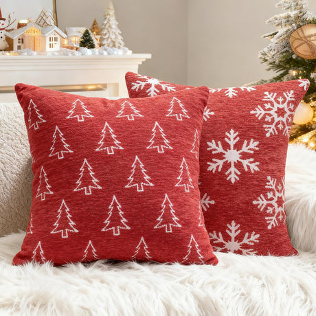 2 Pack Christmas Pillow Covers 18x18, Chenille Double-Sided Snowflake & Christmas Tree Decorative Throw Pillow Cases, Soft Farmhouse Holiday Cushion Covers for Sofa Couch Bed(Red,18x18) Auomily