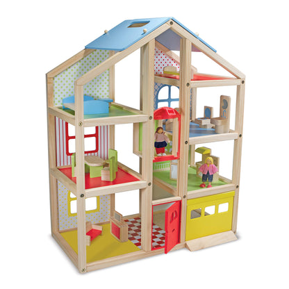 Melissa & Doug Hi-Rise Wooden Dollhouse With 15 pcs Furniture - Garage and Working Elevator - WoodArtSupply