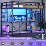 VIAGDO Loft Bed with Desk with Charging Station & LED Lights, Loft Bed Twin Size with Storage Shelves,Clothing Rail, Metal Twin Loft Bed with Safety Guard & Ladder, No Box Spring Needed (Black) VIAGDO