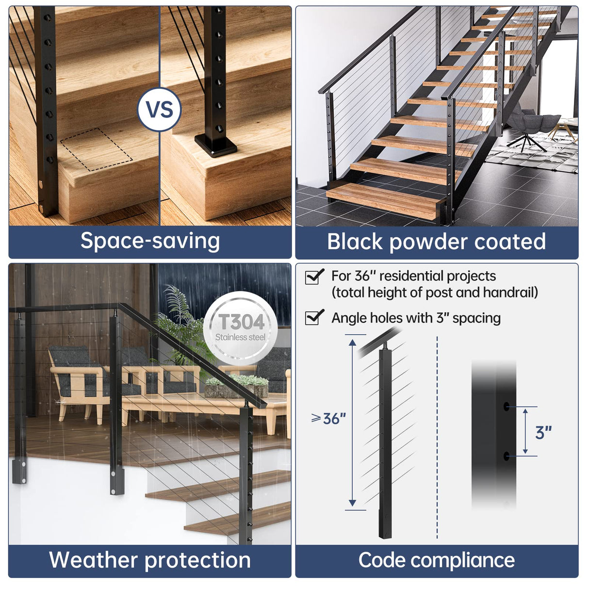 Muzata 5ft-10ft Cable Railing Kit 36" 2PACK Black Side Mount Stair Posts PF01 with 150ft 1/8 Stainless Steel Wire Rope WR19 Cable Railing System DIY Kit (No Handrail), RWF1 BA4S Muzata