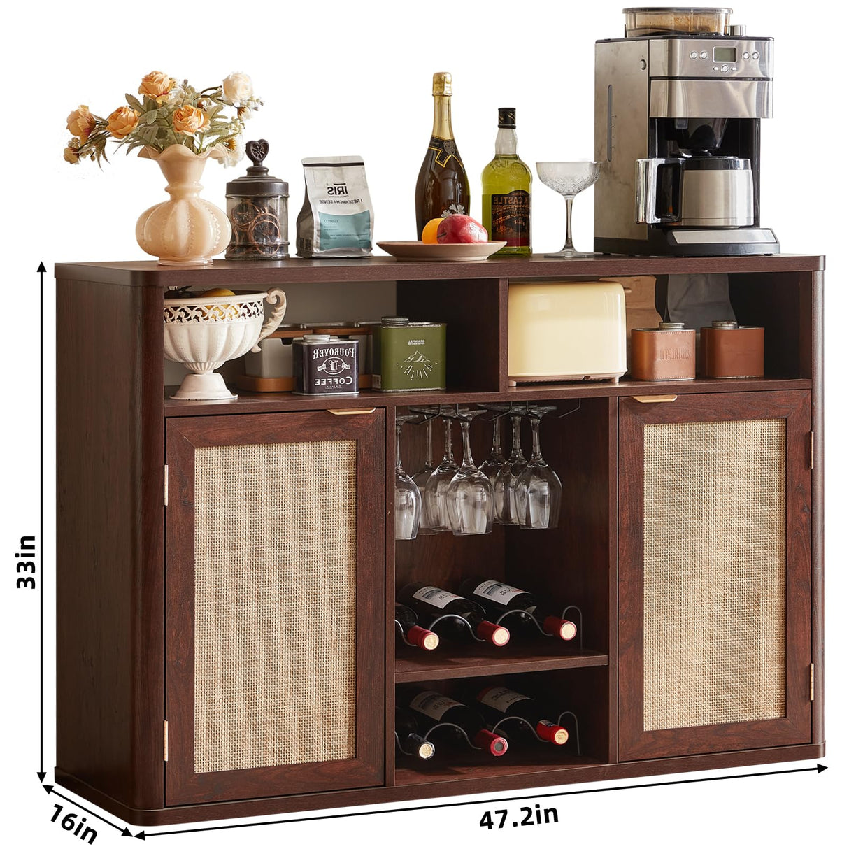 Lerliuo Rattan Wine Cabinet with 2 Doors, Boho Liquor Cabinet with Wine Racks, Farmhouse Coffee Bar Station for Living Room, Dining Room, Kitchen, Walnut Lerliuo