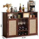 Lerliuo Rattan Wine Cabinet with 2 Doors, Boho Liquor Cabinet with Wine Racks, Farmhouse Coffee Bar Station for Living Room, Dining Room, Kitchen, Walnut Lerliuo