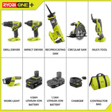 RYOBI P1819 18V One+ Lithium Ion Combo Kit (6 Tools: Drill/Driver, Impact Driver, Reciprocating Saw, Circular Saw, Multi-Tool, LED Worklight, 4.0 Ah & 1.5 Ah Battery, Charger, Bag) RYOBI