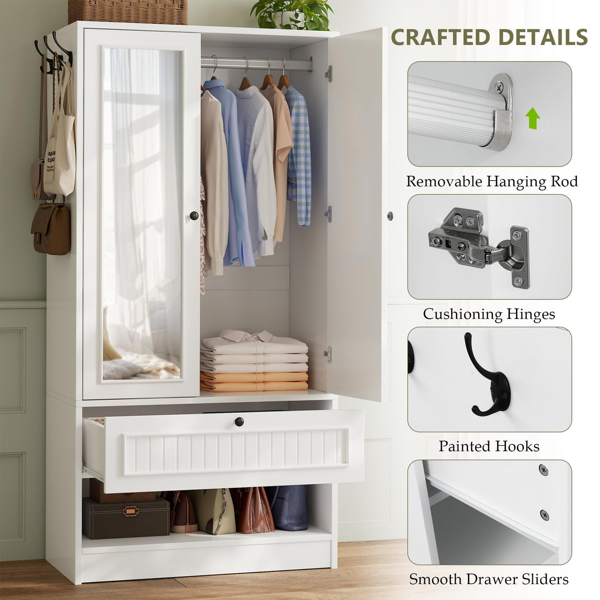 iPormis Wood Armoire Wardrobe Closet with Mirror Door and Drawer, 2 Doors Bedroom Storage Cabinet for Hanging Clothes, White iPormis