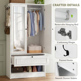 iPormis Wood Armoire Wardrobe Closet with Mirror Door and Drawer, 2 Doors Bedroom Storage Cabinet for Hanging Clothes, White iPormis