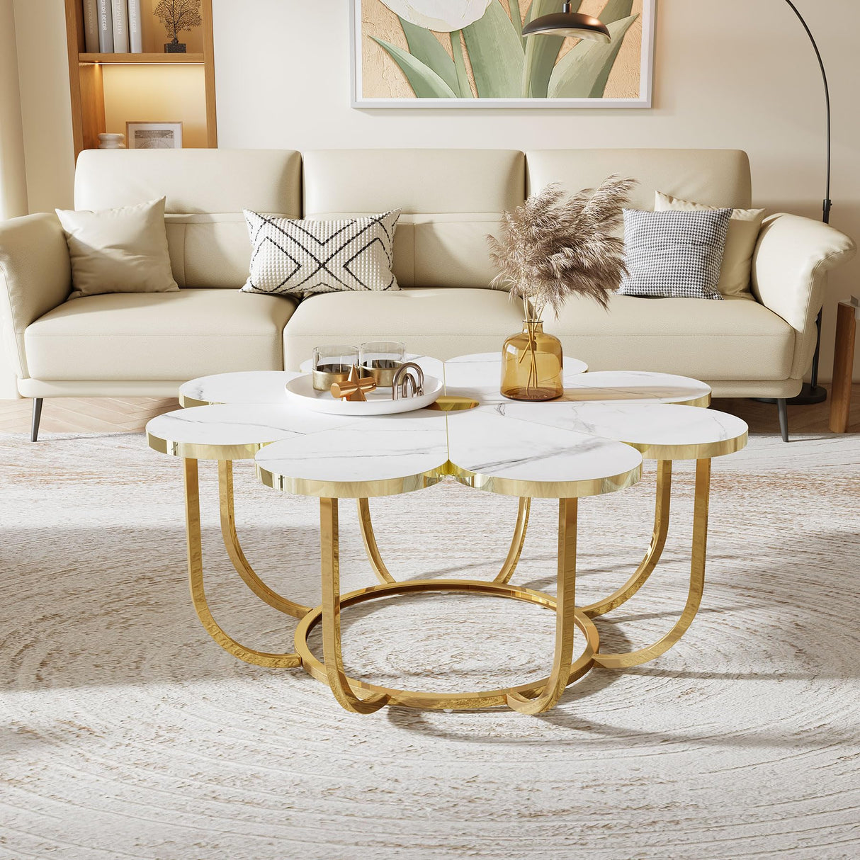 Tribesigns White and Gold Coffee Table, Modern Flower-Shaped Coffee Table with Faux Marble Tabletop, 39.37-Inch Floral Accent Center Table with Metal Frame for Living Room, Bedroom, Lounge Tribesigns
