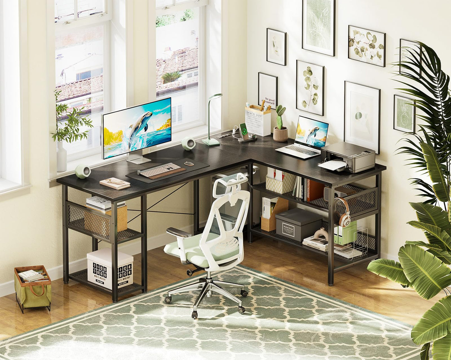 ODK 59" L Shaped Desk with Power Outlet, USB Ports, and Ample Storage - Reversible Black Home Office and Gaming Corner Desk - WoodArtSupply