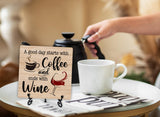 Coffee And Wine Desk Decor Sign, Rustic Wooden Sign With Stand, A Good Day Starts With Coffee And Ends With Wine Sign For Farmhouse Home Kitchen Bar Shelf Table, Gifts For Family Friend Coworker, C18 Zmyollo
