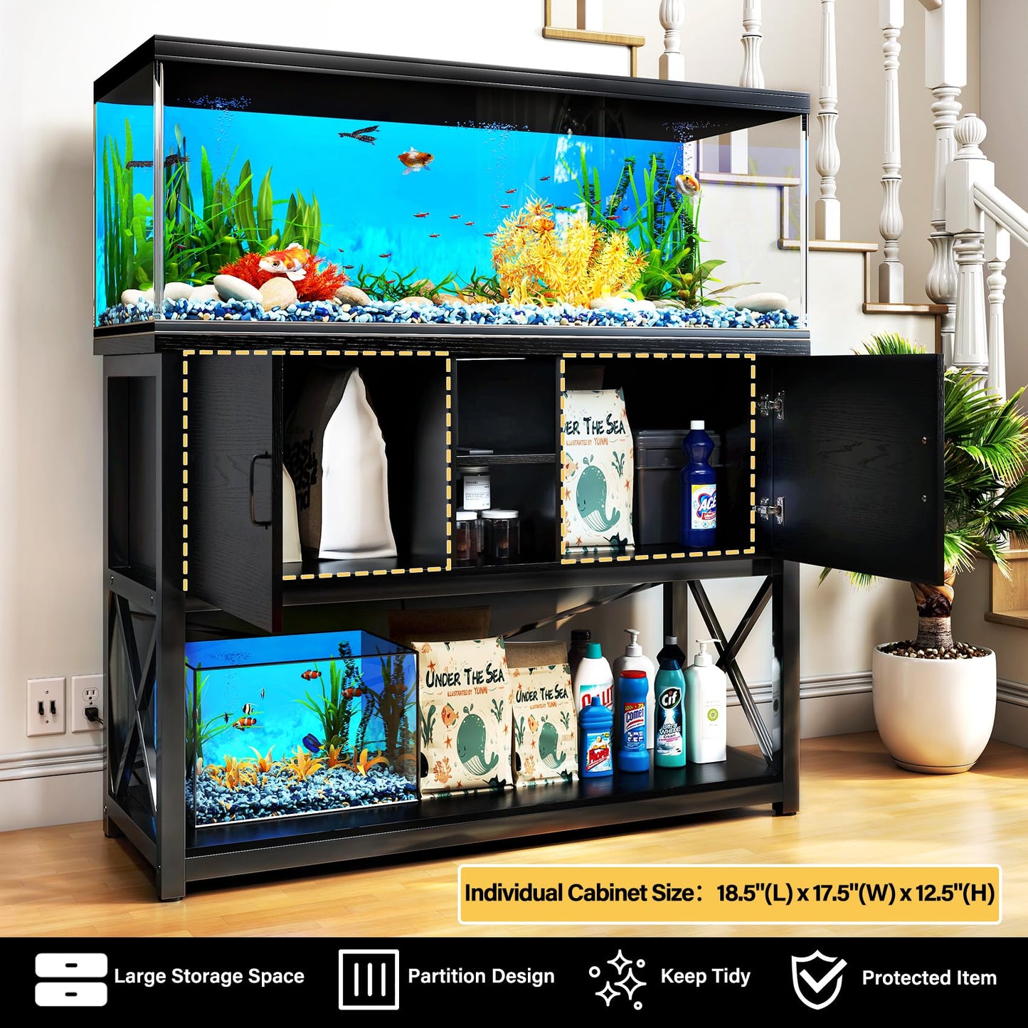 TC-HOMENY 55-75 Gallon Aquarium Stand with Charging Station and Cable Holes, Metal Fish Tank Stand with Storage Cabinet,51" L x 19.5" W Tabletop,1200LBS Capacity, Fit Living Room, Coffee Shop - WoodArtSupply