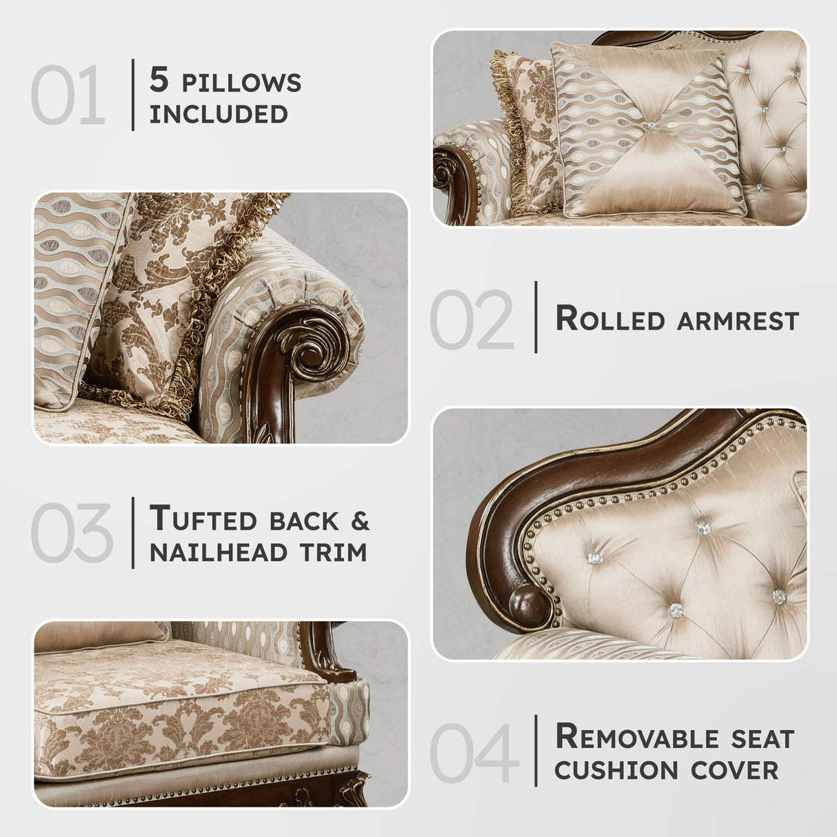 Lexicon Traditional Sofa Couch for Living Room, Rolled Arm Sofa with 5 Accent Pillows, Tufting, Queen Legs in Cherry Finish with Gold Tipping, Upholstered Living Room Furniture, 3 Seater Couch, Brown Lexicon